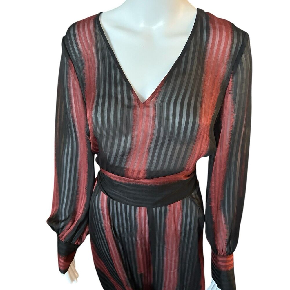 NEW BCBGMAXAZRIA S Sheer Stripe Ombre Midi Dress V-Neck Tie Waist Removable Belt - Picture 2 of 14